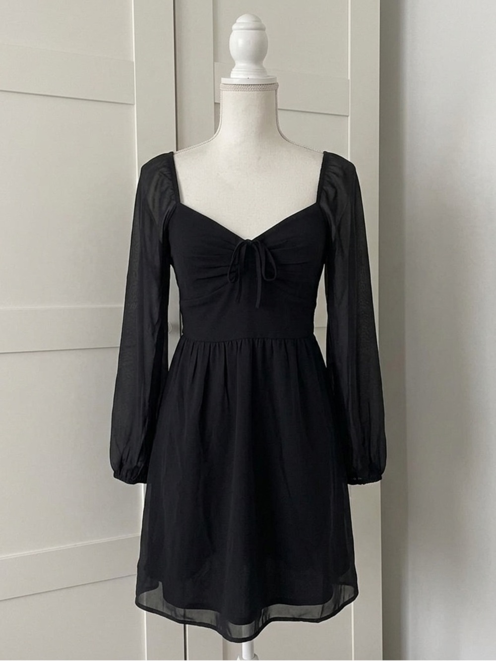 Black Long-Sleeve Tie-Front Mini Dress